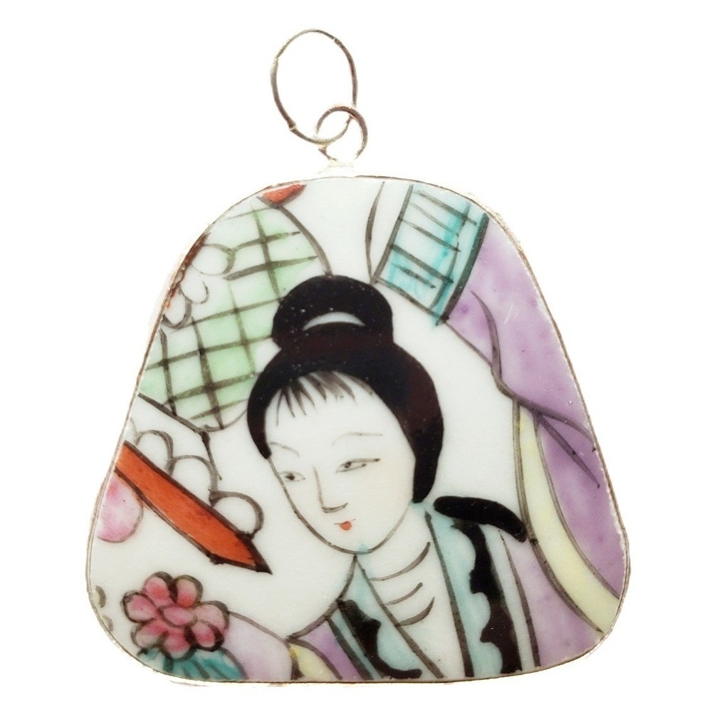 Vintage Hand Painted Porcelain Geisha Pottery Shard Pendant Silvertone Asian Art